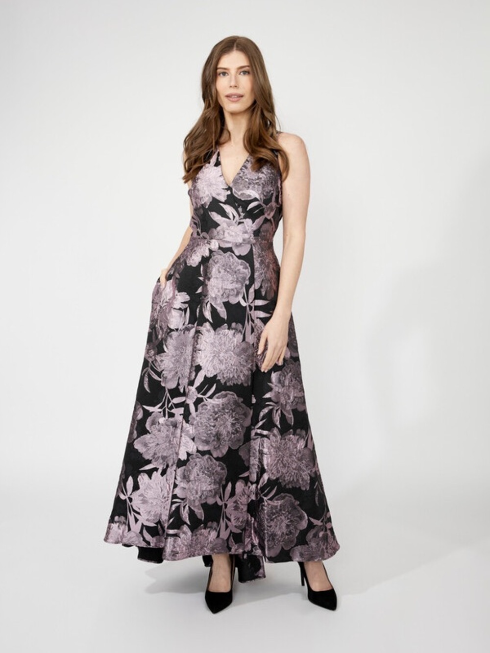 SLNY Black Maxi Dress with Lavender Floral Jacquard— NWT